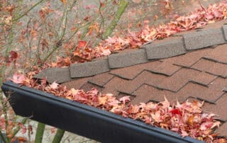 Rain gutters on roof without gutter guards, clogged with leaves, sticks and debris from trees. Increased risk of clogged gutters, rusting, increased need for maintenance and is a potential fire hazard