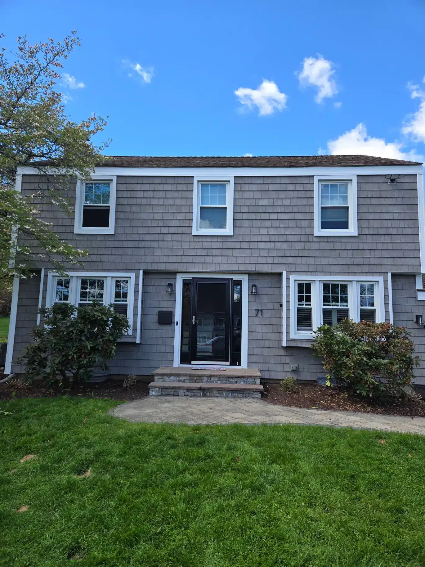 Completed After Vinyl Siding Vinyl Shake ProVia Entry Door Aluminum Trim Installation West Hartford CT Peter L Brown Completed exterior renovation project in West Hartford CT featuring vinyl siding, vinyl shake, ProVia entry door, and aluminum trim installation by Peter L Brown Roofing Contractors showcasing a finished residential home upgrade